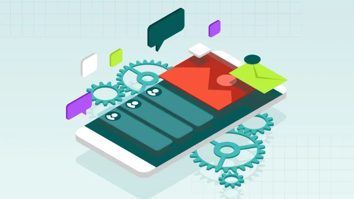 Illustration of a smartphone with gears, message bubbles, and email icons symbolizing technical SEO processes.