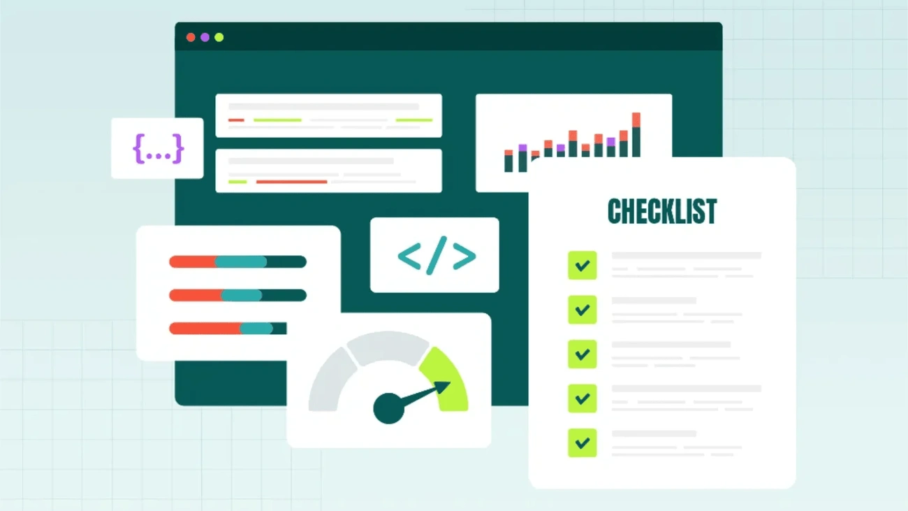Illustration of an SEO checklist with graphs, code snippets, progress bars, and performance meter on a computer screen.