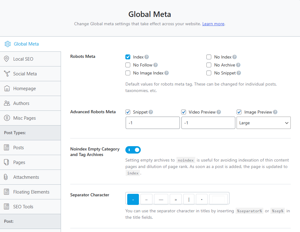 Robots Meta settings for posts