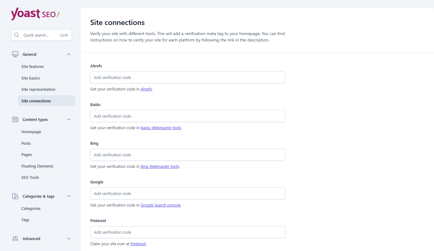 Site connections panel with Google verification field