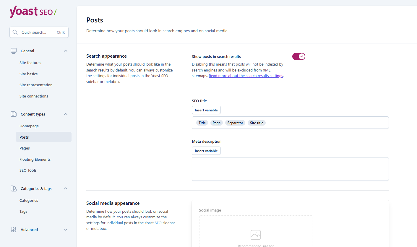 Content types settings panel