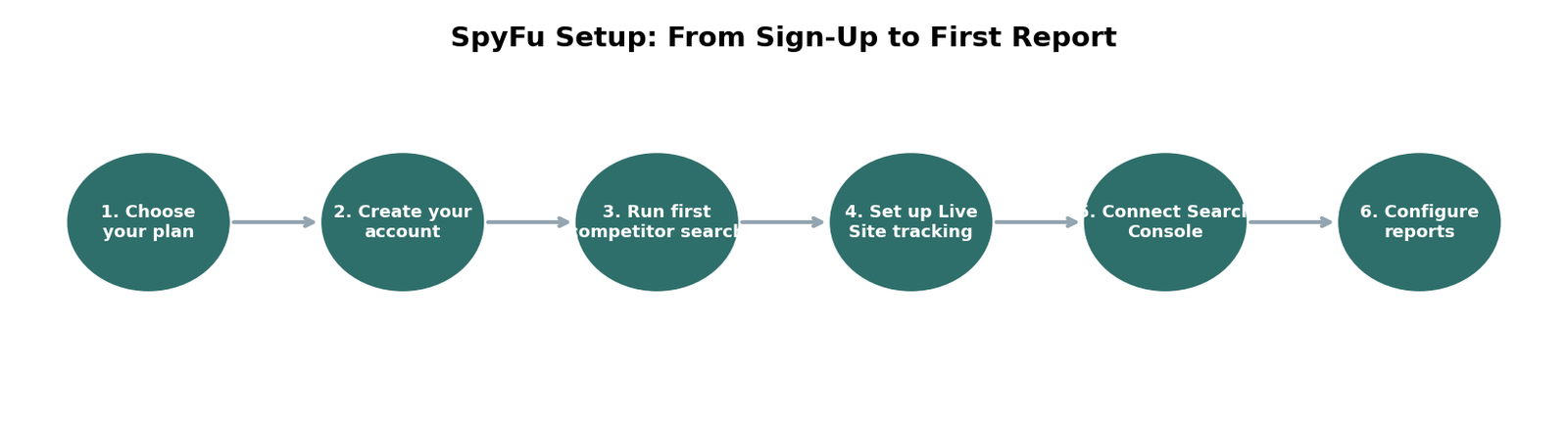 The SpyFu setup flow, from choosing a plan to configuring your first report.